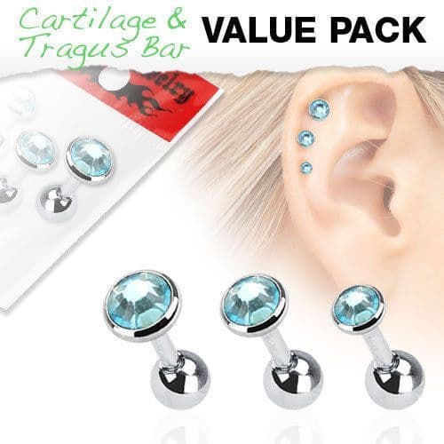 3 Pack of Cartilage Bars with Mixed Sized Aqua Gems