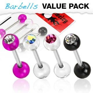 4 Pack of Assorted Colour Titanium Anodised Barbells / Tongue / Nipple Bar
