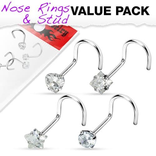 4 Pack of Assorted Shape Clear Gem Nose Screws