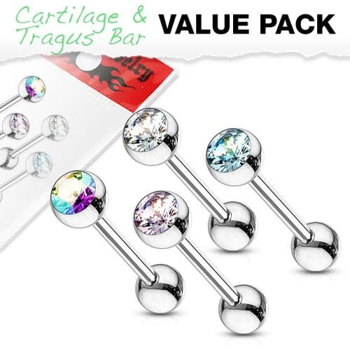 4 Pack of Cartilage Bars with Gem Tops