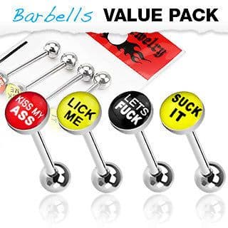 4 Pack of Rude Word Barbell Tongue Bars with Epoxy Dome Ball