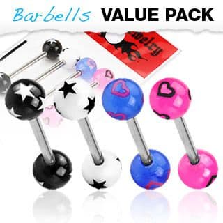 4 Pack of Surgical Steel Barbells / Tongue Bars with Stars or Hearts Pattern