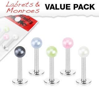 5 Pack of Labret Monroe Studs with Pearly Coat Balls