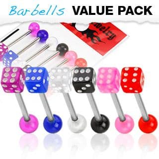 6 Pack of Barbells Tongue bars with UV Dice