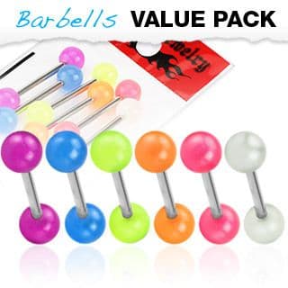 6 Pack of Surgical Steel Barbells / Tongue / Nipple Bars with Glow In The Balls