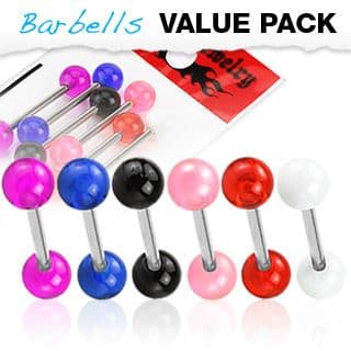 6 Pack of Surgical Steel Barbells with UV Balls - Tongue or Nipple