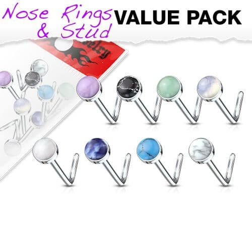 8 Pack of Nose Bone Studs with Semi Precious Stones