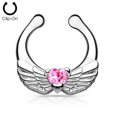 Angel Wings Non-Piercing Septum Ring Hanger with Pink CZ Gems