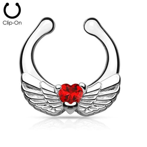 Angel Wings Non-Piercing Septum Ring Hanger with Red CZ Gems