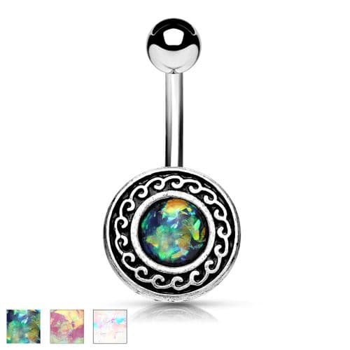 Antique Belly Bar with Opal Glitter Tribal Shield