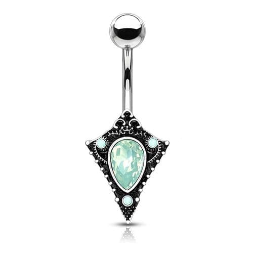 Antique Silver Belly Bar with Green Opal Shield