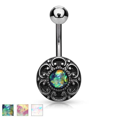 Antique Style Belly Bar with Opal Glitter Filigree