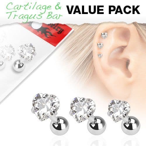 Assorted 3 Pack of Cartilage Bars with Clear Gem Hearts