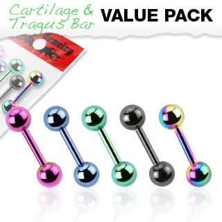 Assorted 5 Pack of Titanium Plated Cartilage Bars