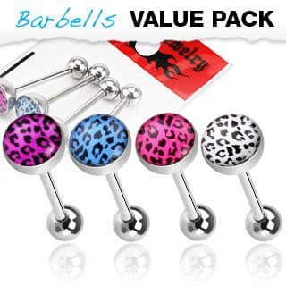 Assorted Colour 4 Pack of Tongue Bars with Leopard Print Balls