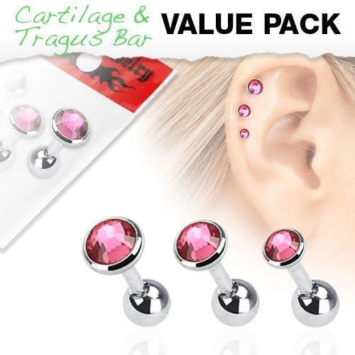 Assorted Size 3 Pack of Cartilage Bars with Pink Gem Tops