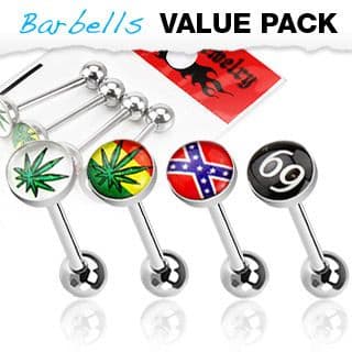 4 Pack of Assorted Logo Surgical Steel Barbell / Tongue Bar with Epoxy Dome Ball