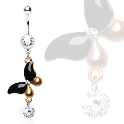 Belly Bar with Antique Gold and Black Gem Butterfly Dangle
