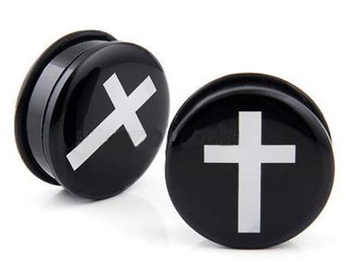 Black with White Cross Acrylic Hollow Screw-fit Ear Stretcher Plug