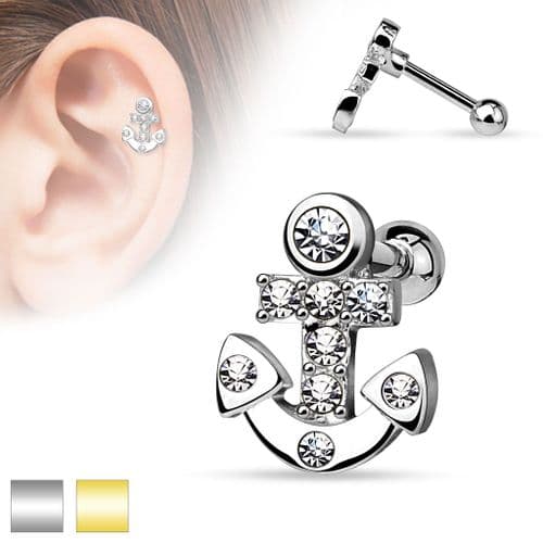 Cartilage Bar with Gem Set Anchor