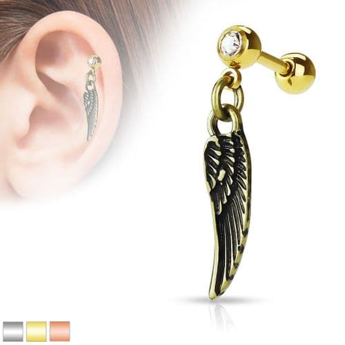 Dangle Angel Wing Cartilage Bar with Gem Top