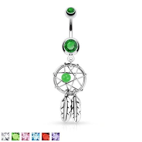 Dream Catcher Belly Bar with Bead and Feather Dangle