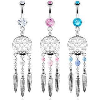 Dream Catcher Belly Bar with Gem Bead Feather Dangles