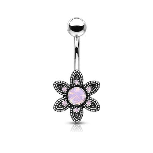 Flower Belly Bar Ring with Pink Opal Gems
