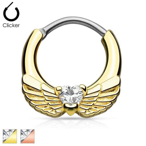 Gold IP Septum Clicker Nose Daith with Angel Wings and Clear CZ Gem