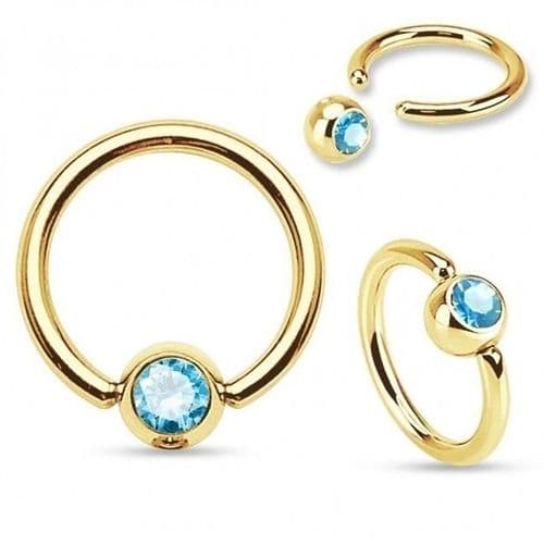Gold Plated Ball Closure Ring with Aqua Gem Ball