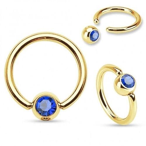 Gold Plated Ball Closure Ring with Blue Gem Ball