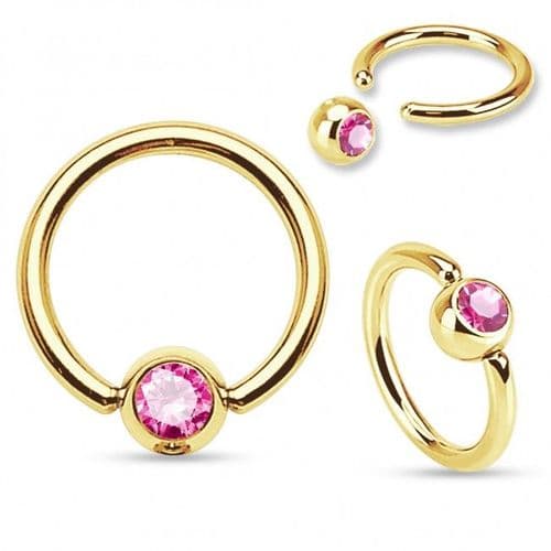 Gold Plated Ball Closure Ring with Pink Gem Ball