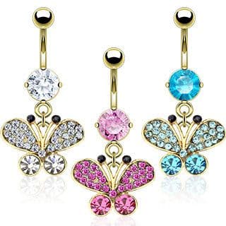 Gold Plated Belly Bar Ring with Gem Butterfly Dangle