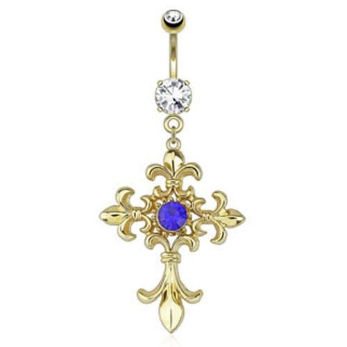 Gold Plated Belly Bar with Blue Gem Fleur de Lis Cross Dangle