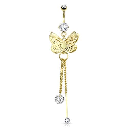 Gold Plated Butterfly Belly Bar with CZ Gems and Chain Dangle