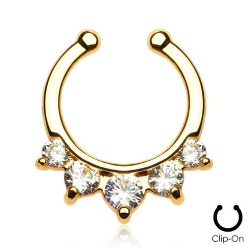 Gold Plated Five Paved Gem Non-Piercing Septum Ring / Hanger