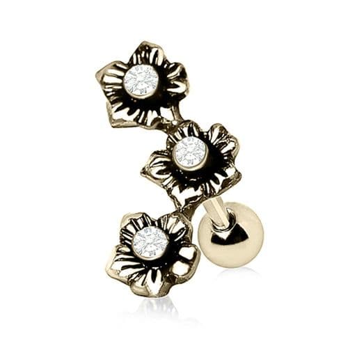 Gold Plated Flower Cartilage Bar with Triple CZ Gems