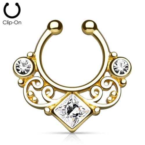 Gold Plated Lace Swirl Non-Piercing Septum Ring Clicker with Clear Gem Centre
