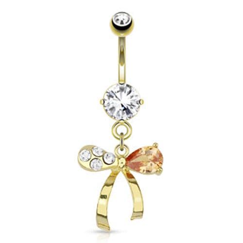 Gold Plated Ribbon Belly Bar with Clear and Topaz Gem Dangle
