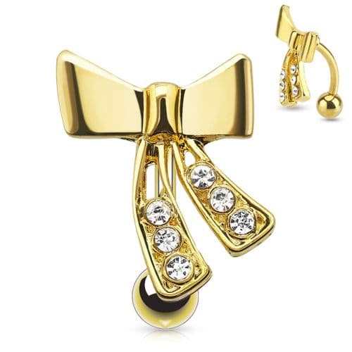 Gold Plated Top Down Ribbon Belly Bar with CZ Gems