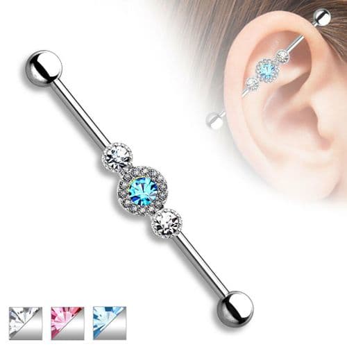 Industrial Scaffold Piercing Bar with Three CZ Gems