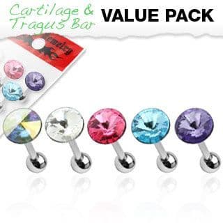 Mixed 5 Pack of Cartilage Bars with Pointed Gem Tops