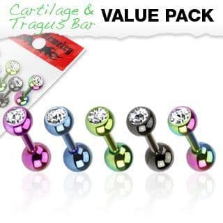 Mixed 5 Pack of Titanium Plated Gem Top Cartilage Bars