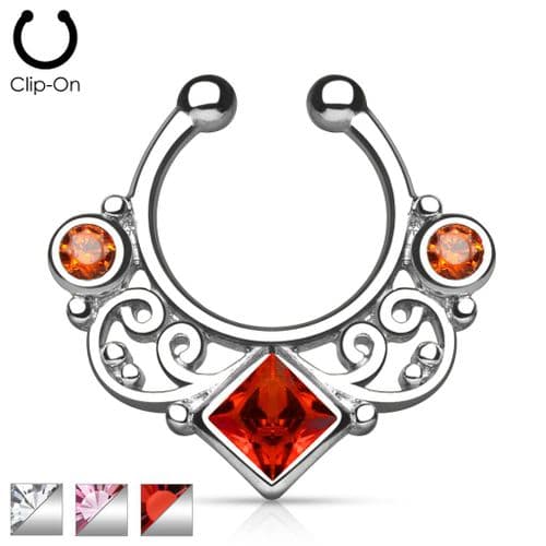 Non-piercing Septum Ring Hanger with Lace Swirl CZ Gem Centre