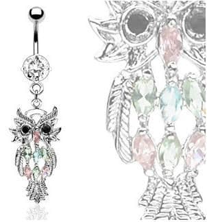Owl Dangle Belly Bar with CZ Gems