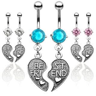 Pair of Best Friends Belly Bars with Heart Dangle