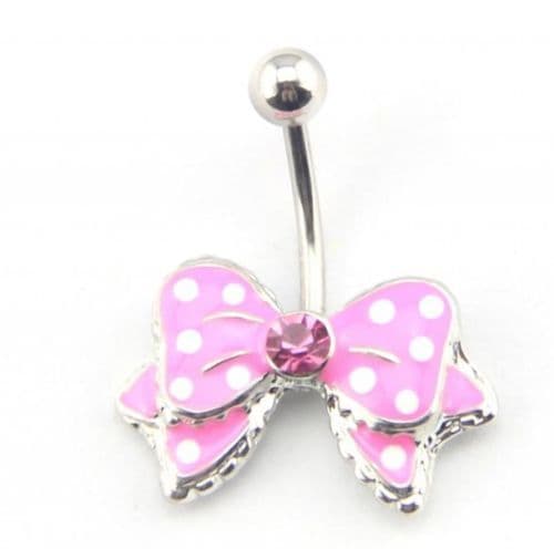 Pink Bow Belly Bar with Gem Centre