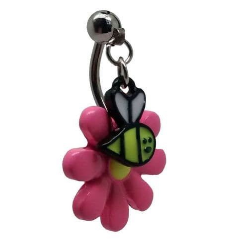 Pink Flower with Top Drop Down Dangling Bee Belly Bar