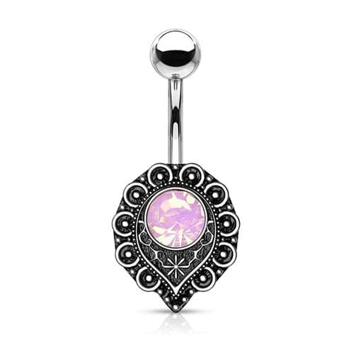 Pink Opal Heart Filigree Belly Bar