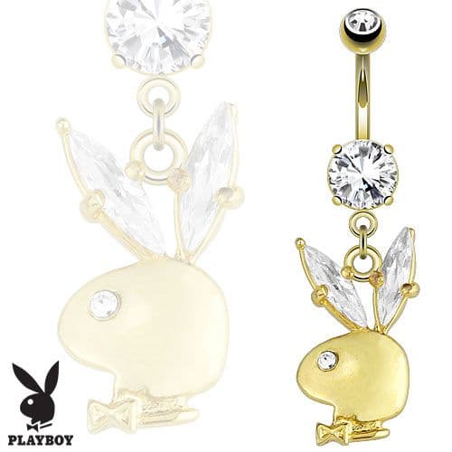 Playboy Bunny Gem Ear Dangle Gold Plated Belly Bar with Clear Gems